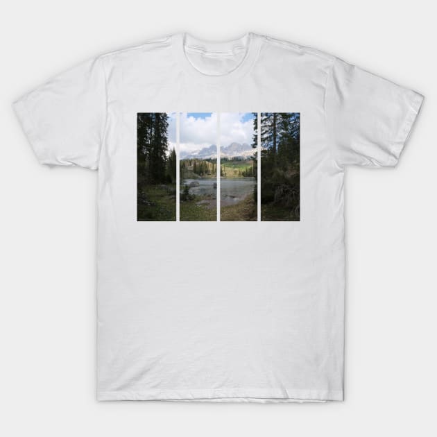 The fabulous alpine lake of Carezza in the Dolomites (Bolzano). Lovely place in the Italian Alps. Reflections in the water. View from the shore. Sunny spring day. Trentino Alto Adige T-Shirt by fabbroni-art